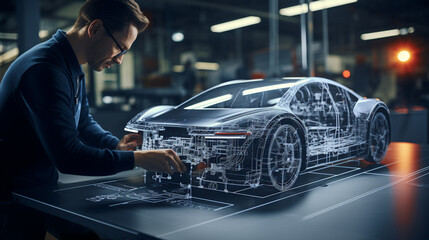 Industrial Design: Automotive Engineer and Designer Working on 3D Electric Car Design, Using Smartphone with Augmented Reality. Graphical Engine, Battery, Chassis, Body Collect into Vehicle