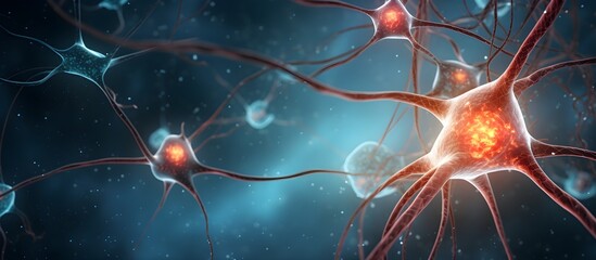 red bright neurons connected with blue background