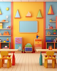 A vibrant school room filled with furniture, toys, and miniature objects decorating the walls and floors, inspiring joy and creativity