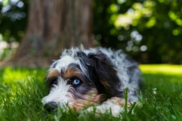 Naklejka na ściany i meble Adorable bernedoodle dog in the park facing directly towards the camera