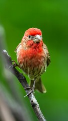 Closeup of a purple finch (Haemorhous purpureus) perched on a green tree branch