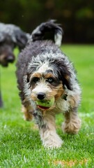 Bernedoodle dog running with a tennis ball in its mouth