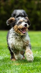 Cheerful bernedoodle dog is running with its mouth wide open, enjoying the moment