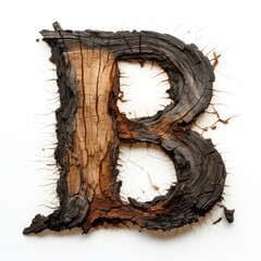 letter B made of old oak, burnt oak, many cracks, white background