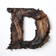 letter D made of old oak, burnt oak, many cracks, white background