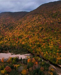 Aerial view of the fall colors of the Cabot trail in Cape Breton, Nova Scotia, Canada