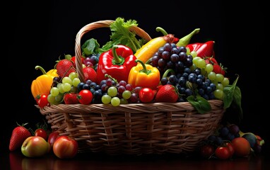 colorful fruits and vegetables in a wicker basket