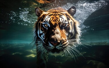 under water nature photography of a exotic tiger swimming underwater