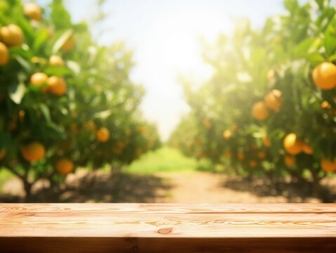 empty wood table with blurred orange field on background, mock up for montage and products display