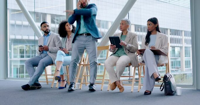 Business people, interview line and waiting room with man, phone call and stress with noise, conflict and anger. Businessman, smartphone conversation and frustrated with bad news at onboarding agency