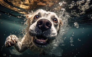 under water nature photography of a dog swimming underwater