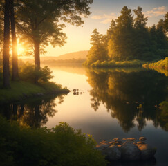 Serene and picturesque nature landscape with lush forests and a tranquil lake, capturing harmony
