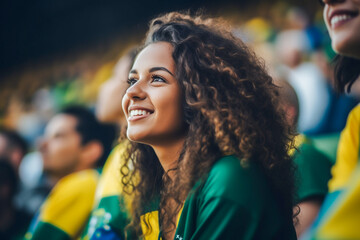 Fãs brasileiras de futebol em um estádio da Copa do Mundo apoiando a seleção nacional
 - obrazy, fototapety, plakaty