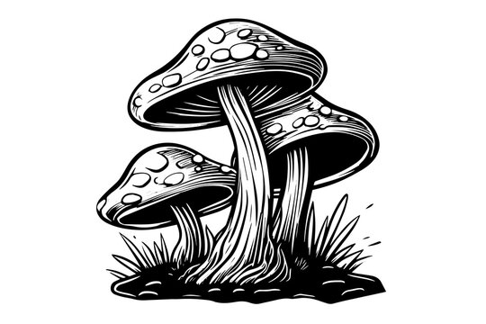Fly agaric or amanita mushrooms group growing in grass engraving style. Vector illustration.