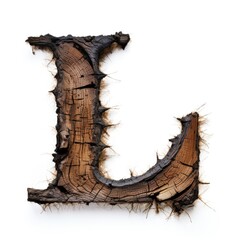 letter L made of old oak, burnt oak, many cracks, white background