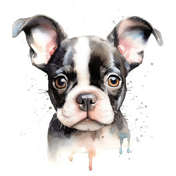 Boston terrier puppy. Stylized watercolour digital illustration of a cute dog with big eyes. Digital illus