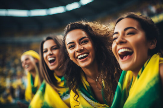 Brazilian female football soccer fans in a World Cup stadium supporting the national team
