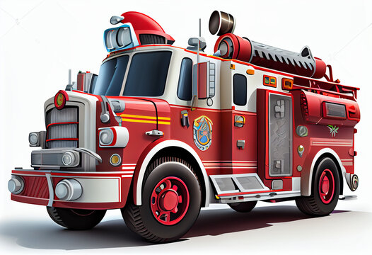 Cartoon Red Toy Fire Truck, Isolated On White Background. AI Generated.