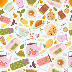 morning breakfast, tea utensils seamless pattern. cozy tea time items,cups, saucers, lemon, sweet, cake ,croissants, teapot. vector cartoon pattern