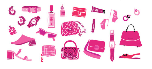 Glamorous trendy pink accessories set. Nostalgic pink 2000s style. Vector illustration