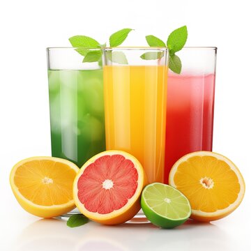 glasses of juice and fruits isolated on white background
