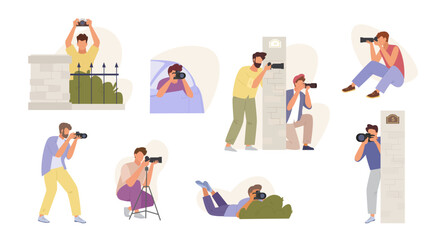 Fototapeta premium Paparazzi photographers shooting celebrities cartoon characters. male paparazzi invisible shooting show business celebrities, photo session. vector cartoon flat characters