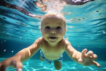 Happy little beautiful baby boy in a learns to swims tropical dives underwater in the swimming pool.