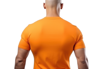 Back view of muscular man wearing blank orange shirt, space for text, mockup, isolated, white background, generative ai