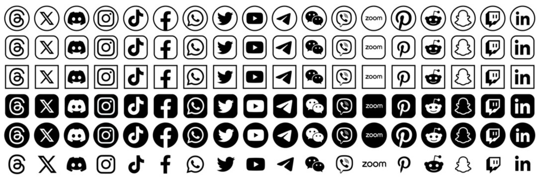 Instagram, TikTok, Facebook, Whatsapp, Twitter, YouTube, Telegram, Zoom, Viber, Threads, Snapchat, Pinterest, Discord, Linkedin, X, Twitch, Reddit and WeChat black and white app icons