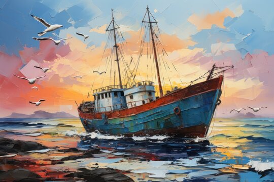 Colorful drawing of an old fishing trawler on a torn paper, generative ai