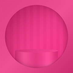 3d mockup of a cylindrical podium or pedestal for a product. Pink display stage. Background with stripes. Cylinder showing through a round window