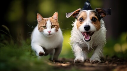 Naklejka na ściany i meble A Professional Shot of a Dog and a Cat staying Together. Animal Photography.
