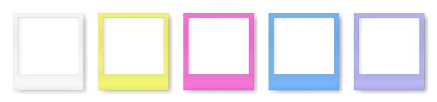 Set of multicolored instant photo frames. Empty frame mockup. White, yellow, pink, blue and purple vintage card. Template on a transparent background