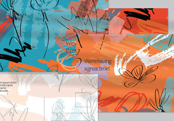 Postcard Layout with Hand Drawn Abstract Brush Strokes and Floral Elements