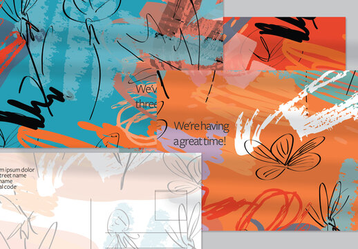 Postcard Layout with Hand Drawn Abstract Brush Strokes and Floral Elements