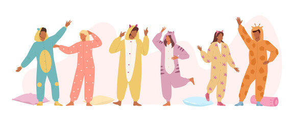 happy cute people, kids dressed in kigurumi pajama set. cartoon characters having fun dressed in pajama. vector flat cartoon characters set.