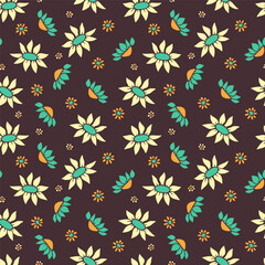 Seamless pattern with retro flowers. 70s style colorful floral background