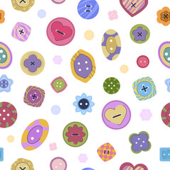 various sewing buttons, pattern. buttons with different shaped and colored patterns, cartoon clothes buttons. cartoon vector seamless pattern
