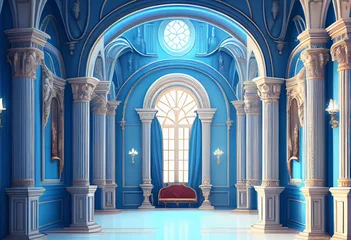 Foto op Plexiglas Oud gebouw Photorealistic interior of a castle or palace decorated with blue ornamental stone and gold. AI generative.