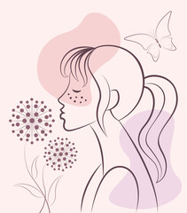 The face of a girl, a young woman with freckles, dandelion flowers and a butterfly.
The concept of beauty, skin care, cosmetics, fashion. Vector illustration, line art, simple line drawing on beige.