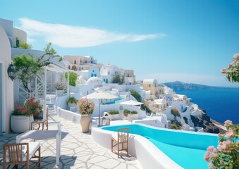 Fototapeta premium Summer Bliss in the Greek Isles: Unforgettable Holiday Vibes Under the Sun. Generative Ai