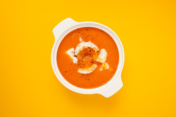 Salmorejo, Spanish cold tomato soup in small bowl
