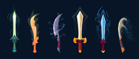 fantasy mystical swords, blades set. cartoon damage realistic knights swords, ui gaming assets, items attribuites. vector cartoon realistic blades set