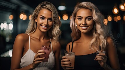 2 Beautiful Girls at the Bar Drinking some Cocktails. Elegant & Sexy Dress.