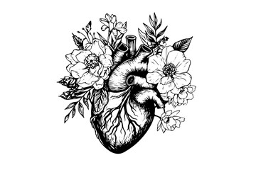Fototapeta Valentine day card vintage illustration. Floral anatomical heart. Vector illustration obraz