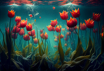 Fototapeta na wymiar Underwater field of red tulips, futuristic fantasy illustration. AI generative.