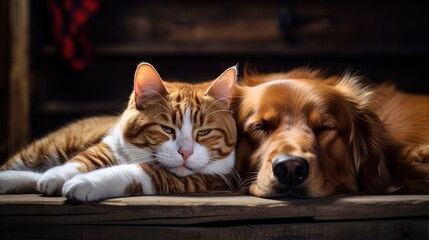 A Cute Kitten and a Dog Sleeping Close eachother. Cute Animal Photography.