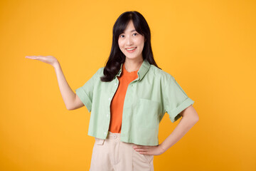 Vibrancy and joy portrait Asian young woman wears pastel green shirt on orange shirt and show happy smile while pointing hand gesture to free copy space. Perfect for adding lively touch to projects.