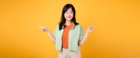 best deal promotion concept featuring young Asian woman 30s, wearing green shirt on orange shirt....