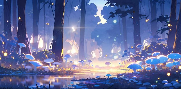 A landscape of magical night with mushroom and floating spirit
